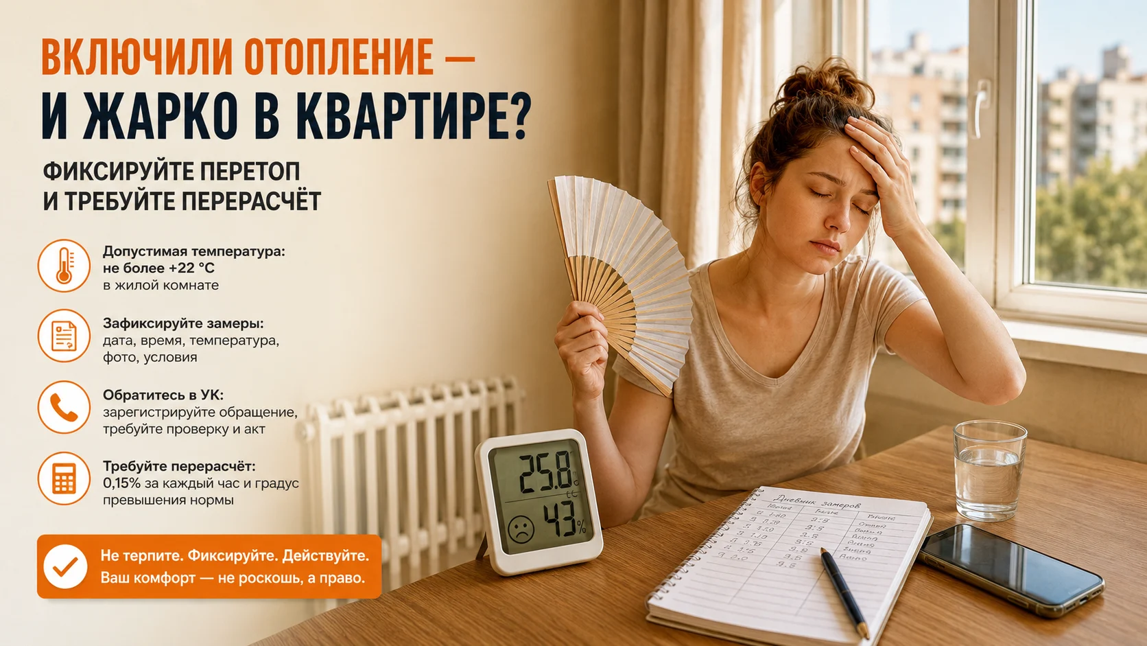 Обложка статьи «В квартире жарко из-за отопления: что делать и как получить перерасчёт»